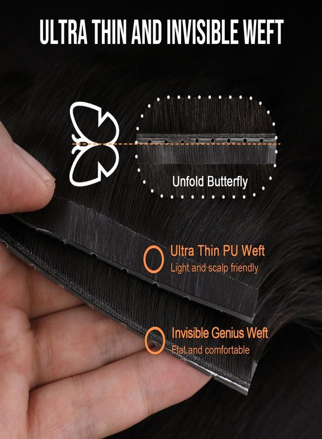 SUYYA Butterfly Weft Hair Extensions Human Hair Glueless OVO Pu Hole Genius Hand Tied Invisible DIY Double Weft Hair Extensions Straight 2PCS 14 inches Color #1B Off Black - Image 4